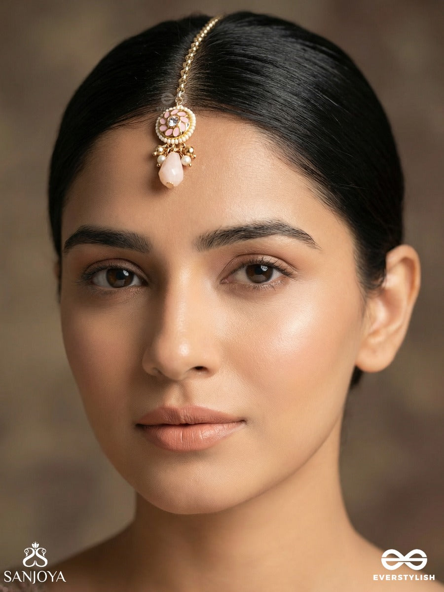 Kumudleena - Water Bloom - Minimal Maangtika With Floral Panel And Single Drop Detail
