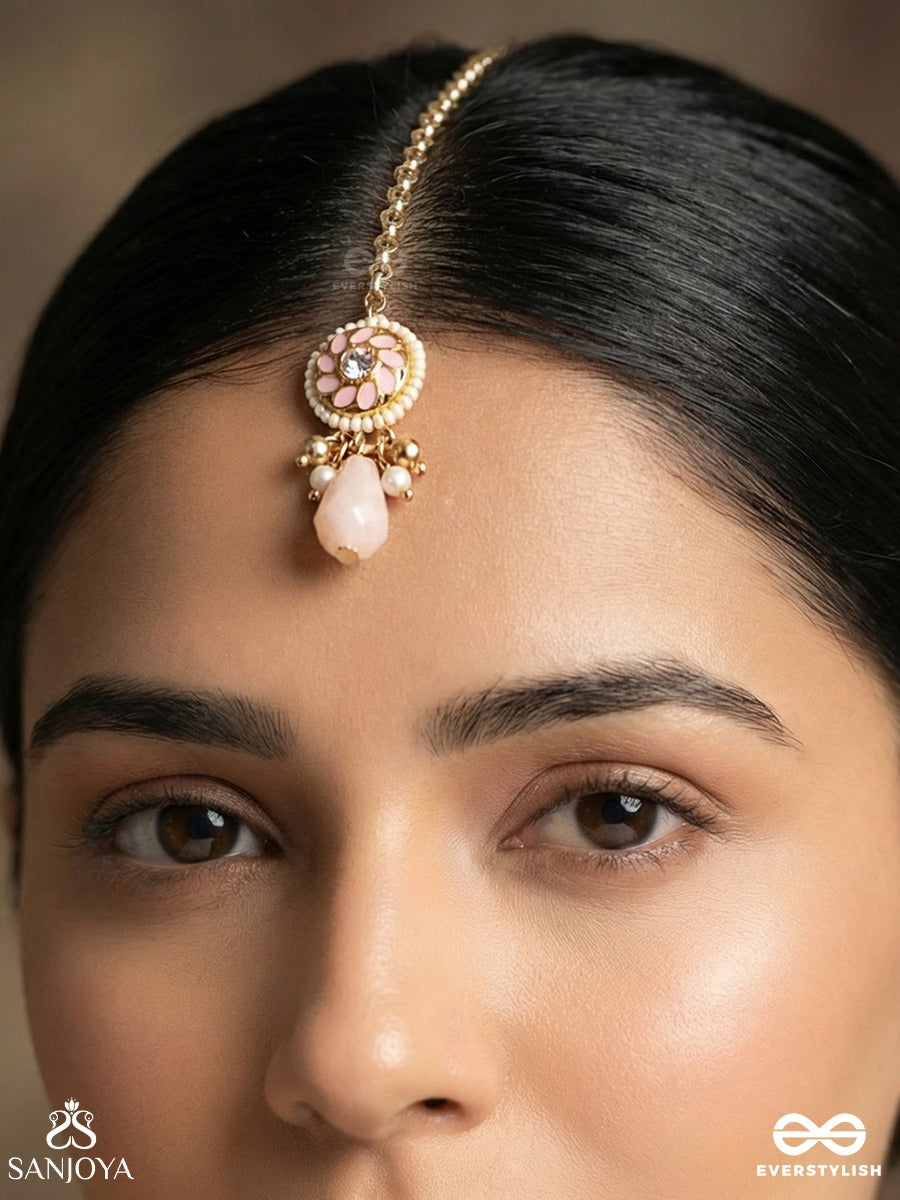 Kumudleena - Water Bloom - Minimal Maangtika With Floral Panel And Single Drop Detail