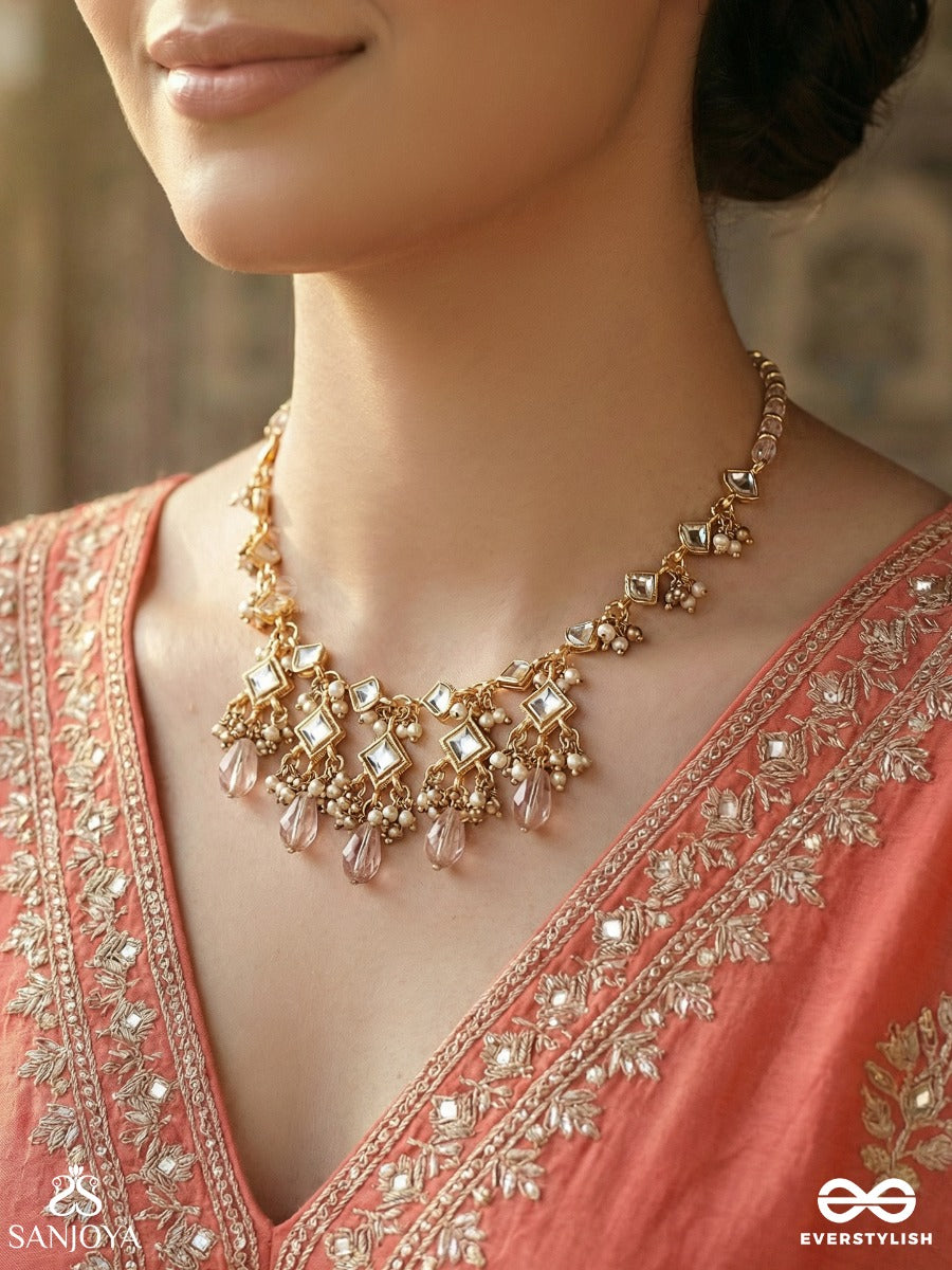 Shashirekha - Line Of The Moon - Elegant Necklace With Repeating Polki Links And Cascading Crystal Drop Fringe