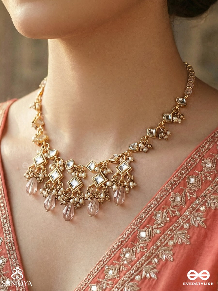 Shashirekha - Line Of The Moon - Elegant Necklace With Repeating Polki Links And Cascading Crystal Drop Fringe