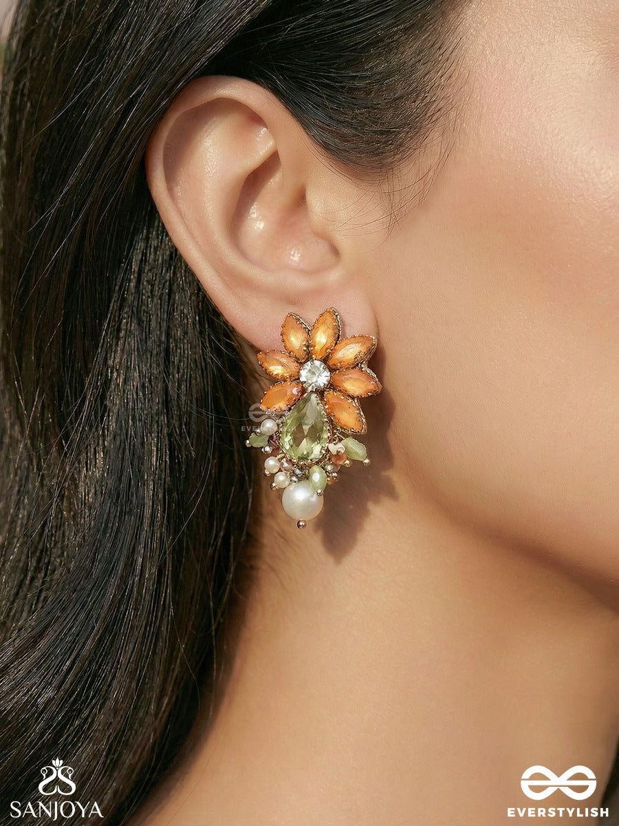 Arunpankti - Line Of Dawn - Statement Earrings With Petal Cluster And Gem Drop Accents