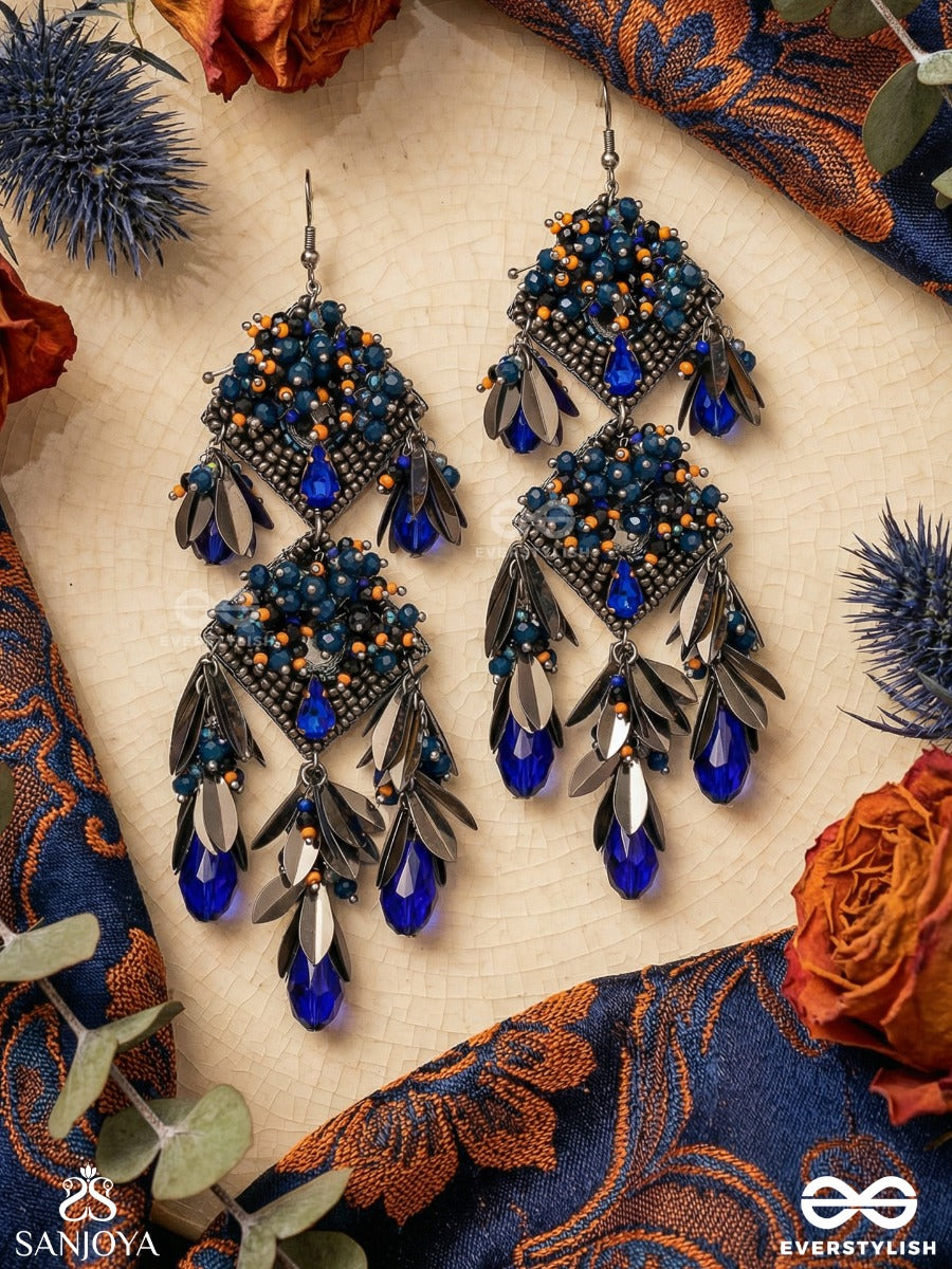 Neeltarangi - Waves Of Blue - Statement Chandelier Earrings With Multi-Stone Clusters And Dangling Crystal Drops