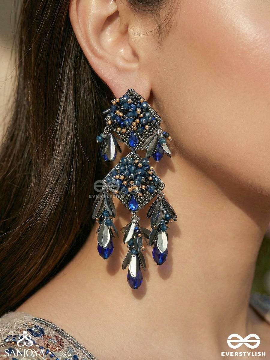 Neeltarangi - Waves Of Blue - Statement Chandelier Earrings With Multi-Stone Clusters And Dangling Crystal Drops