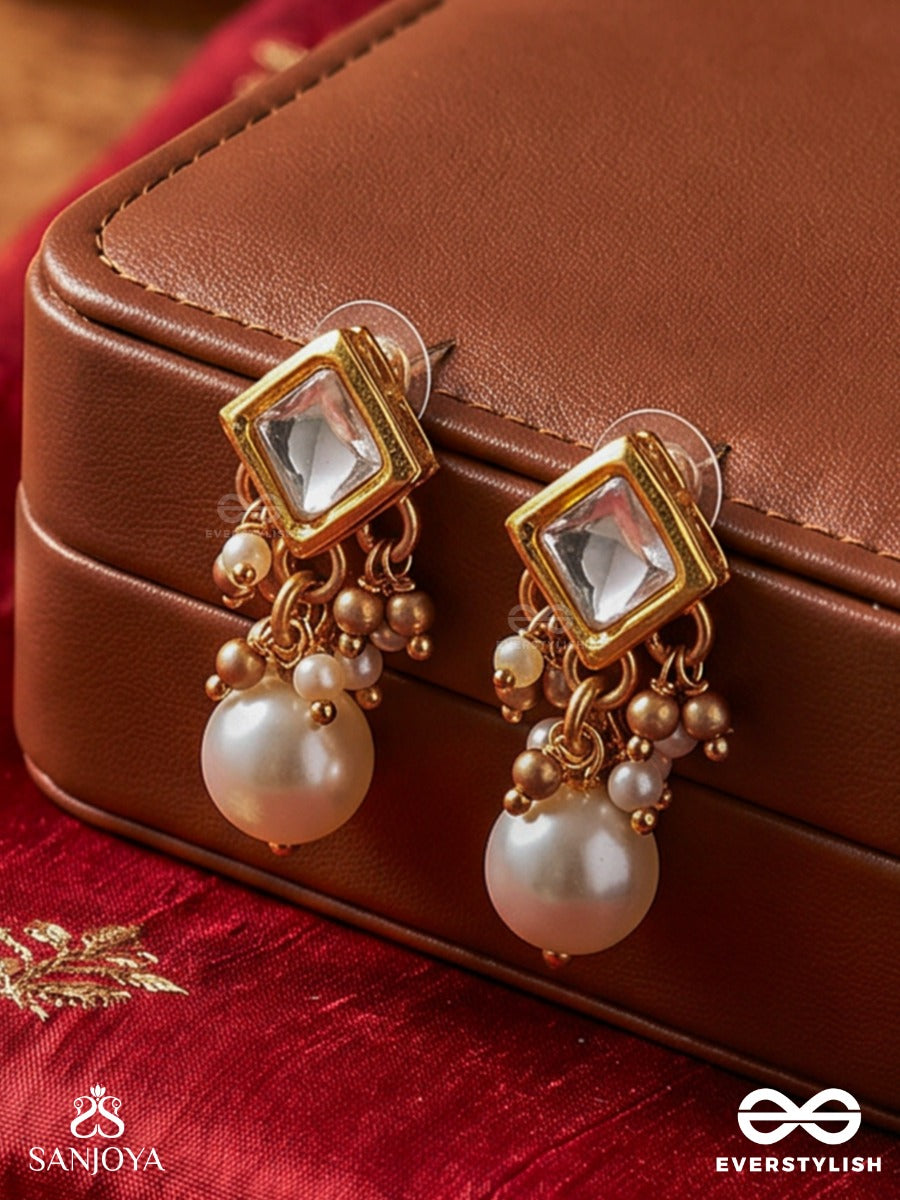Chandrasara - Essence Of The Moon - Delicate Earrings With Polki Square Top And Pearl Drop Accents