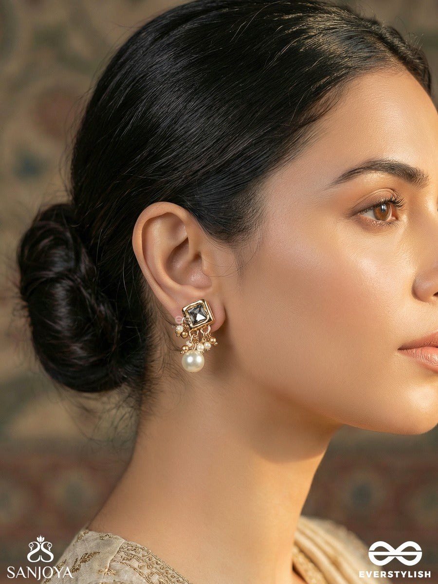 Chandrasara - Essence Of The Moon - Delicate Earrings With Polki Square Top And Pearl Drop Accents