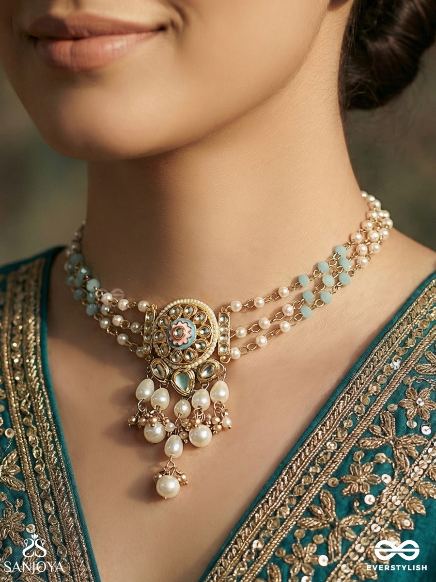 Taralprabha - Liquid Radiance - Delicate Necklace With Enamelled Medallion And Pearl Drop Cascade