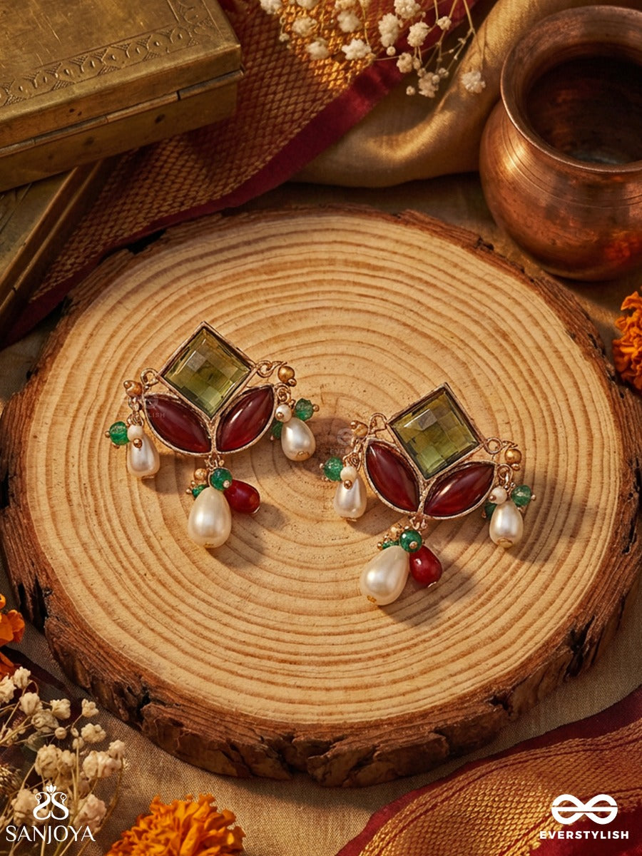 Chitravasini - One Adorned In Art - Delicate Earrings With Multi-Stone Panel And Dangling Pearls