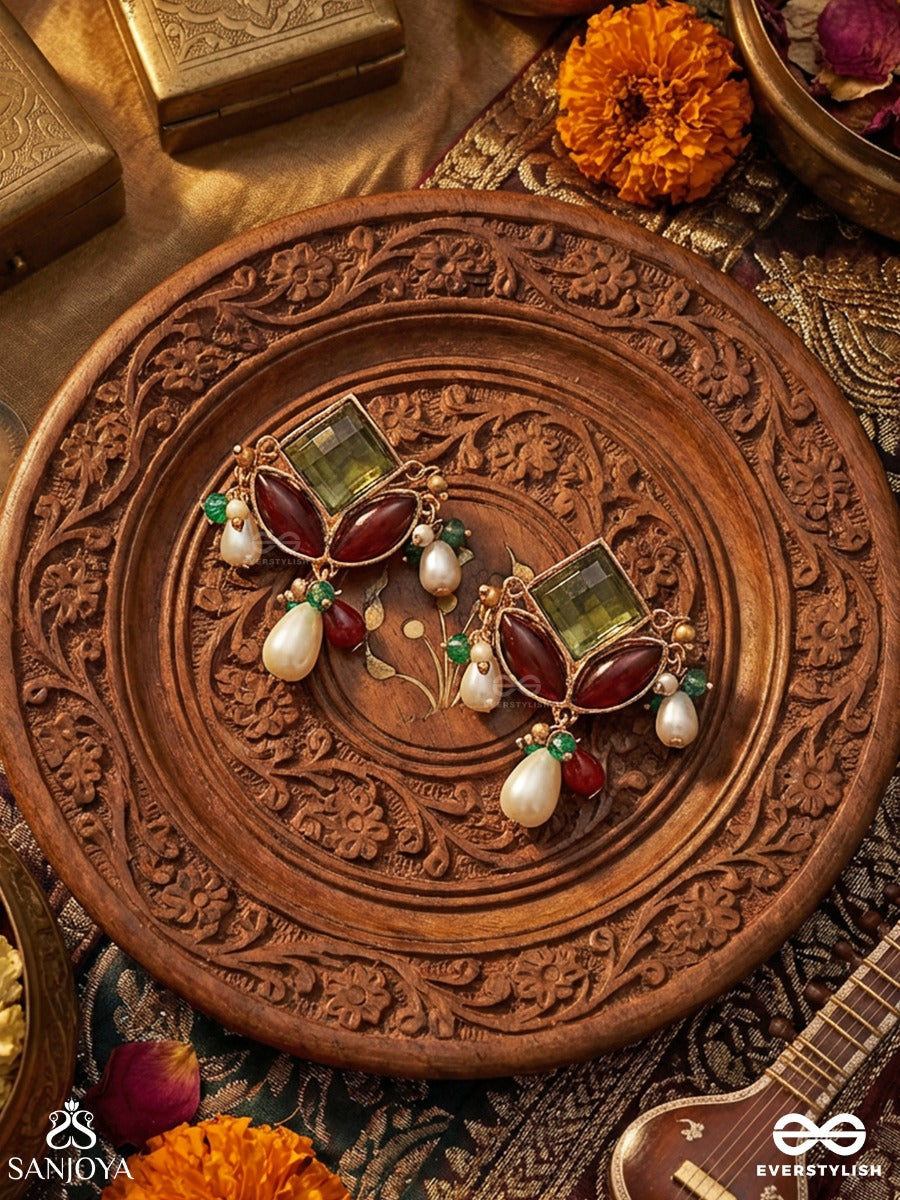 Chitravasini - One Adorned In Art - Delicate Earrings With Multi-Stone Panel And Dangling Pearls