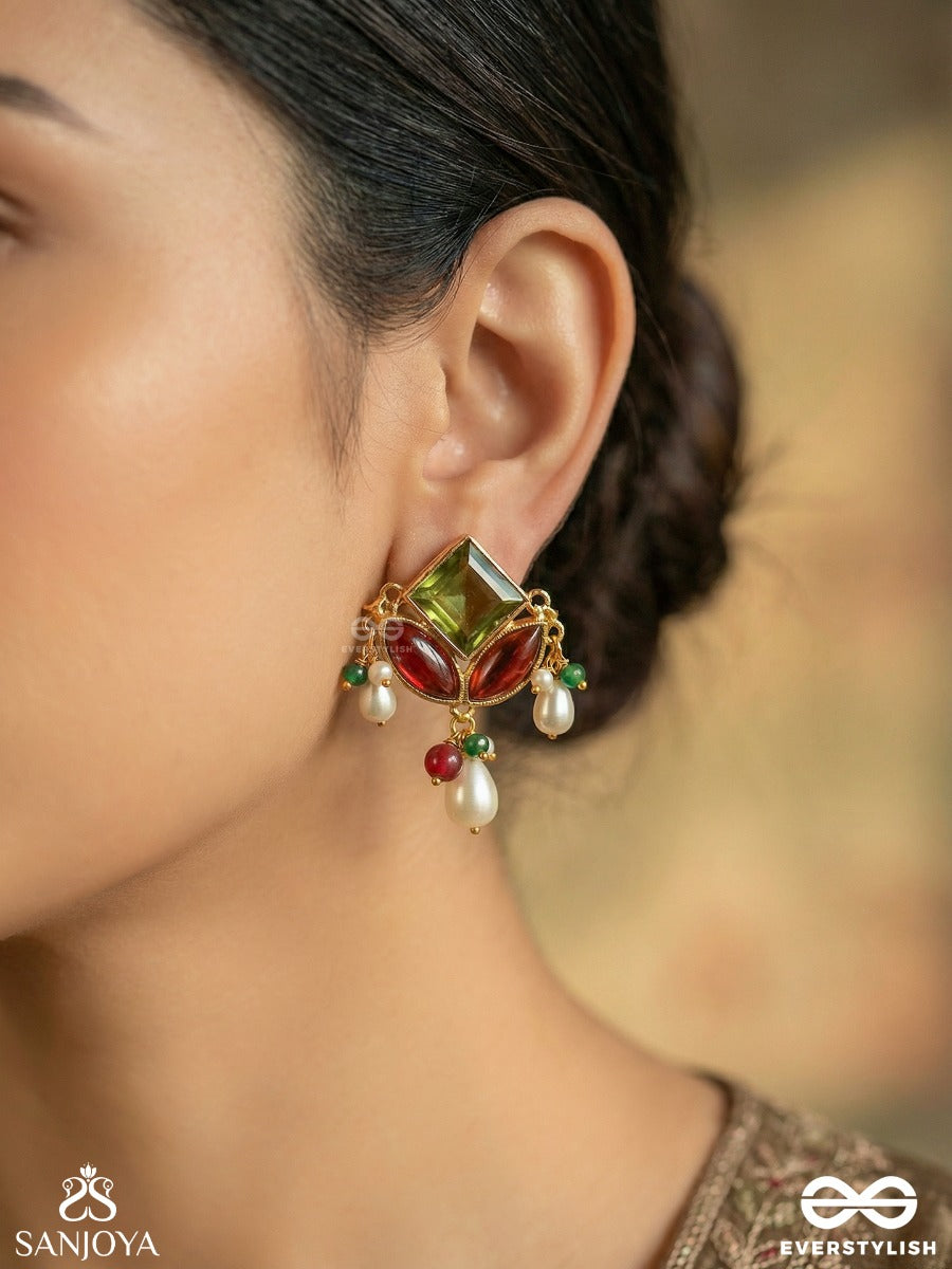 Chitravasini - One Adorned In Art - Delicate Earrings With Multi-Stone Panel And Dangling Pearls