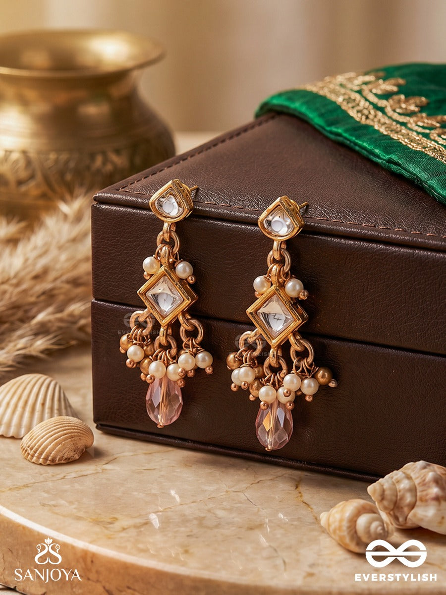 Shashirekha - Line Of The Moon - Ornate Earrings With Polki Diamond Motifs And Blush Crystal Drop Accents