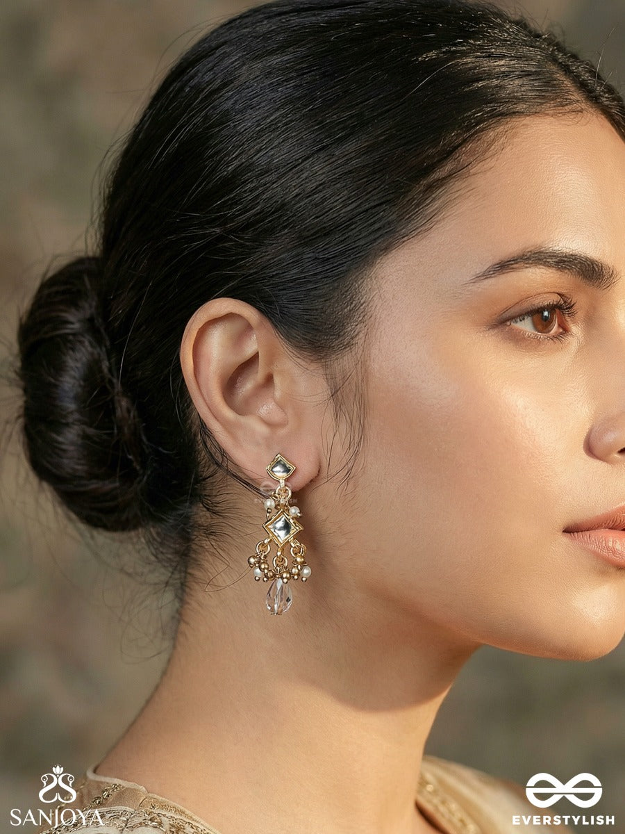Shashirekha - Line Of The Moon - Ornate Earrings With Polki Diamond Motifs And Blush Crystal Drop Accents