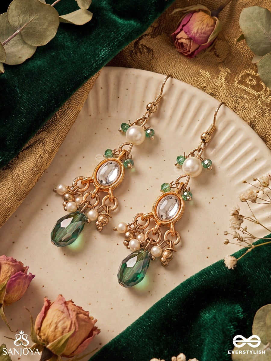 Kanakdhara - Golden Flow - Ornate Earrings With Polki Centre And Statement Drop Detail