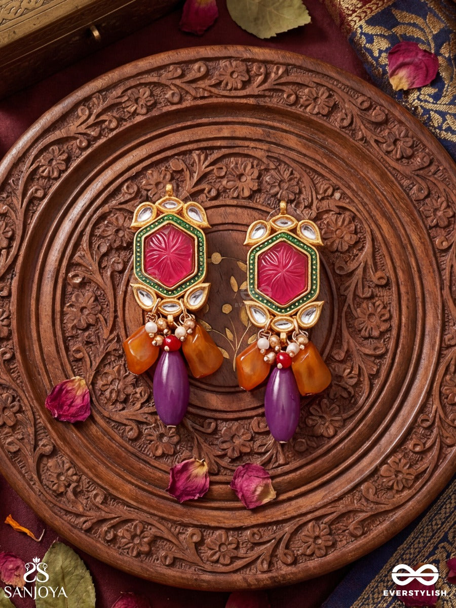 Manikantha - Jewelled Core - Statement Earrings With Hexagon Gem Panel And Multi-Stone Danglers