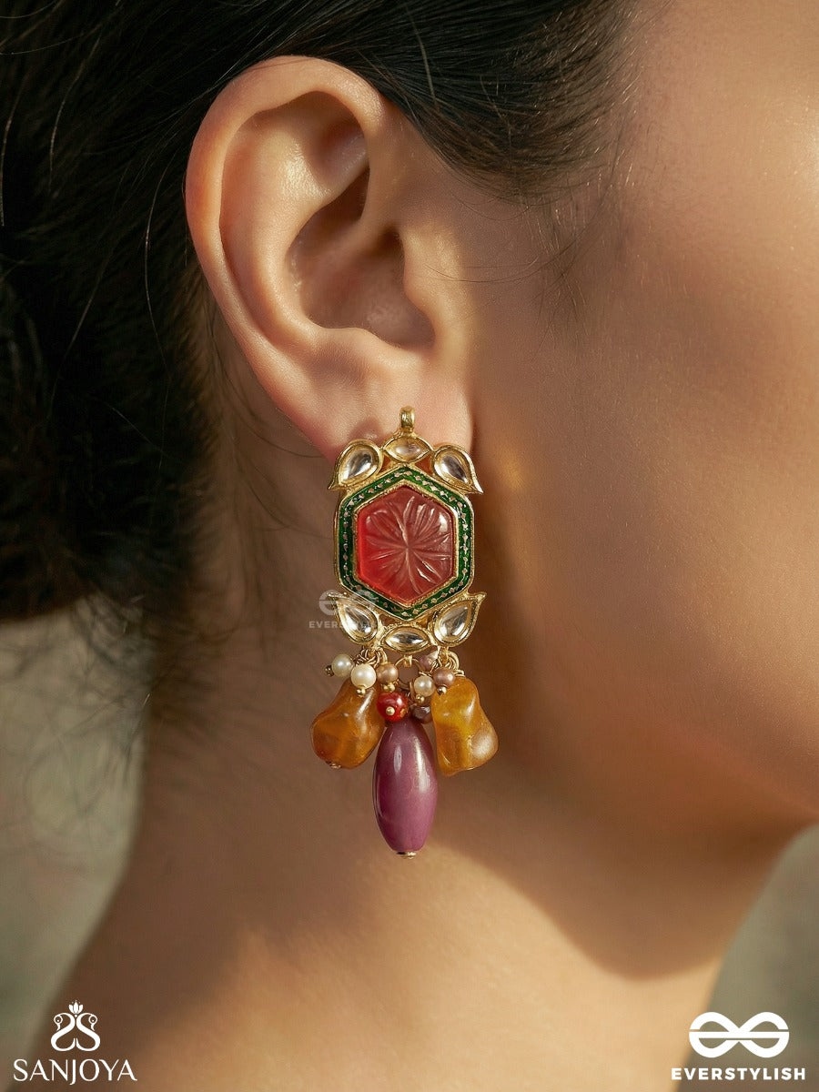 Manikantha - Jewelled Core - Statement Earrings With Hexagon Gem Panel And Multi-Stone Danglers