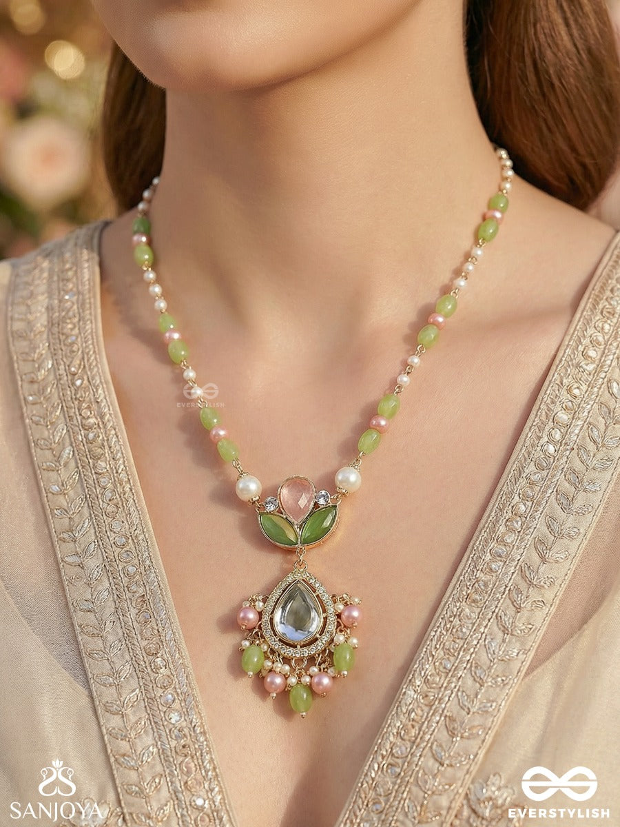 Pankhurila - Petal Line - Delicate Necklace With Colourful Beads And Floral Gemmed Drop
