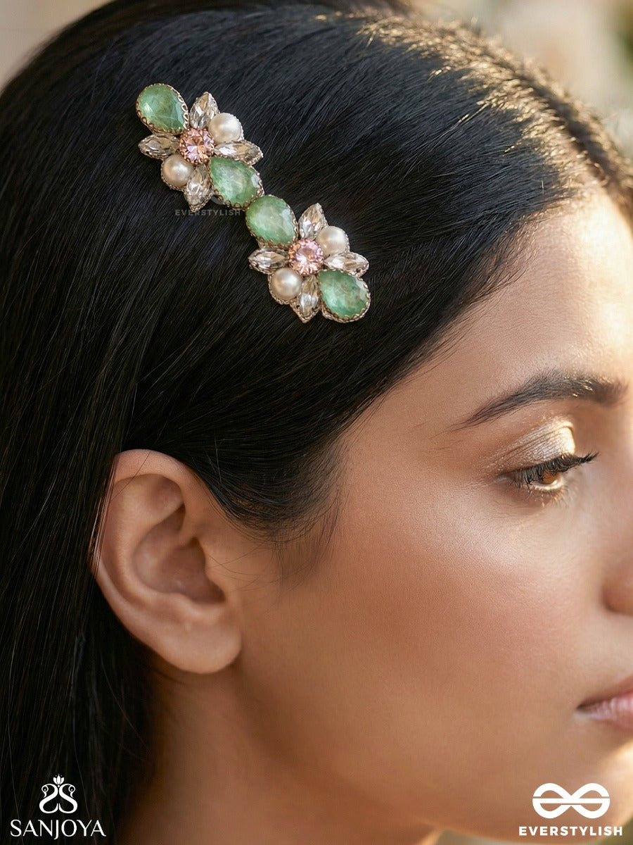 Mrinalpallavi - Lotus Blooming Form - Ornate Hair Clip With Floral Gem Clusters And Pearl Accents