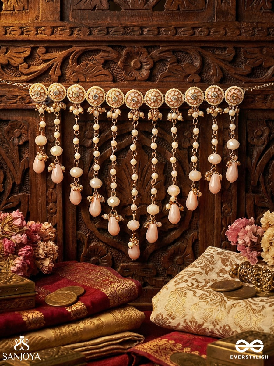 Kumudleena - Water Bloom - Statement Necklace With Repeating Floral Motifs And Pearl Chain Cascade