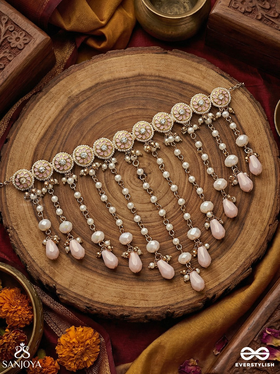 Kumudleena - Water Bloom - Statement Necklace With Repeating Floral Motifs And Pearl Chain Cascade
