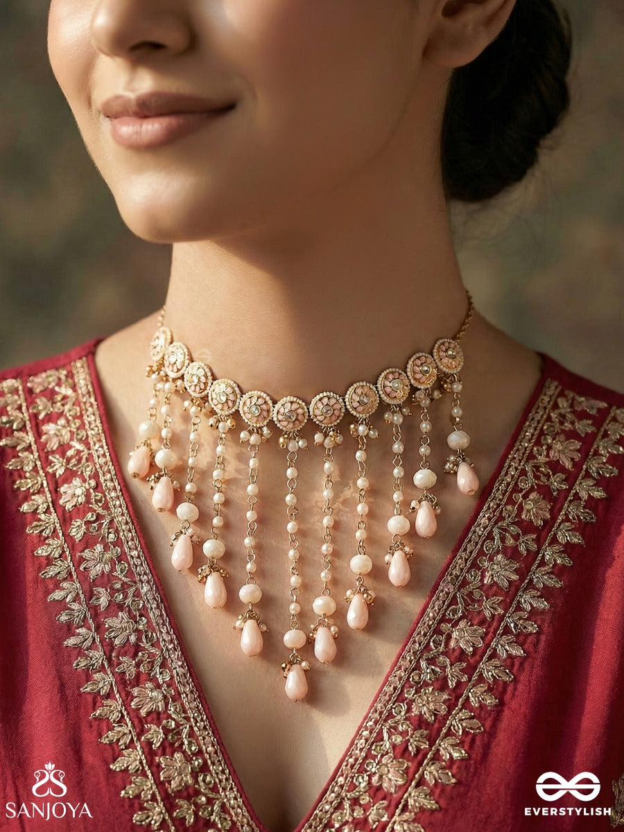Kumudleena - Water Bloom - Statement Necklace With Repeating Floral Motifs And Pearl Chain Cascade