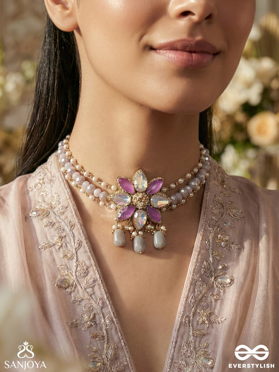 Mrigakshi - Deer-Eyed Grace - Elegant Pearl Necklace With Gemmed Flower Centre And Subtle Drops