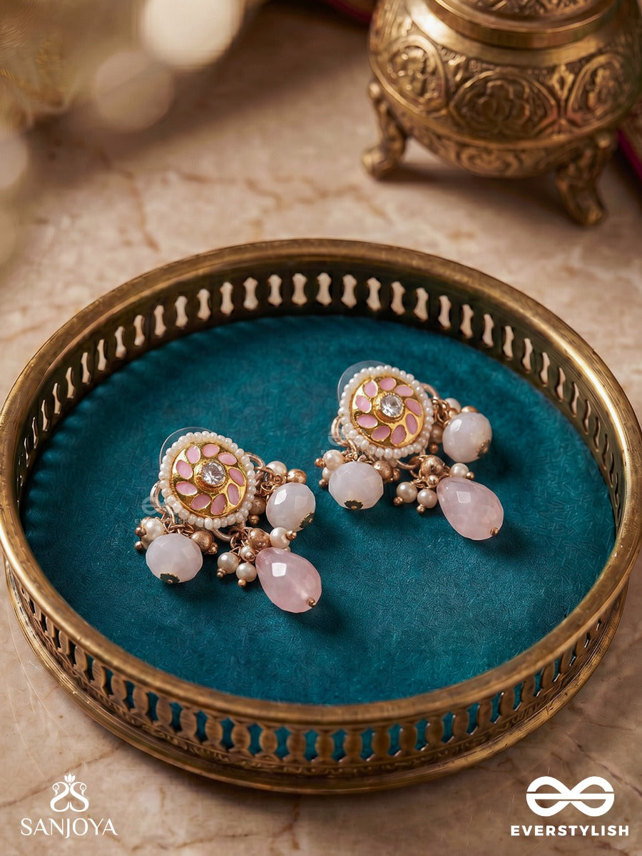 Kumudleena - Water Bloom - Delicate Earrings With Floral Medallion And Blush Drop Accents
