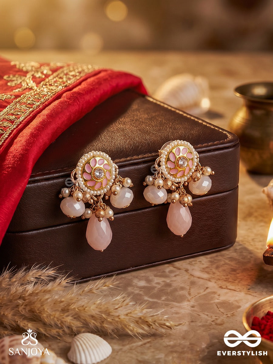 Kumudleena - Water Bloom - Delicate Earrings With Floral Medallion And Blush Drop Accents