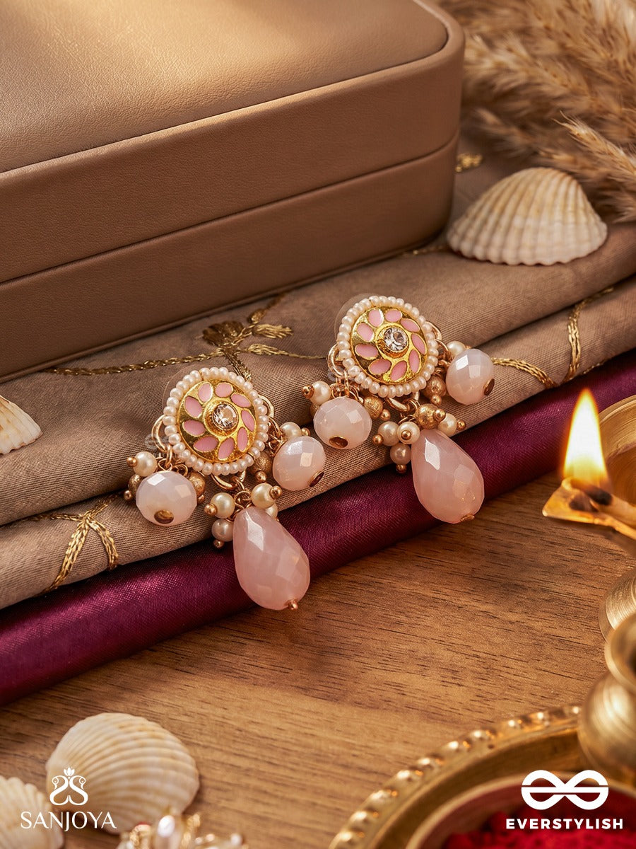 Kumudleena - Water Bloom - Delicate Earrings With Floral Medallion And Blush Drop Accents