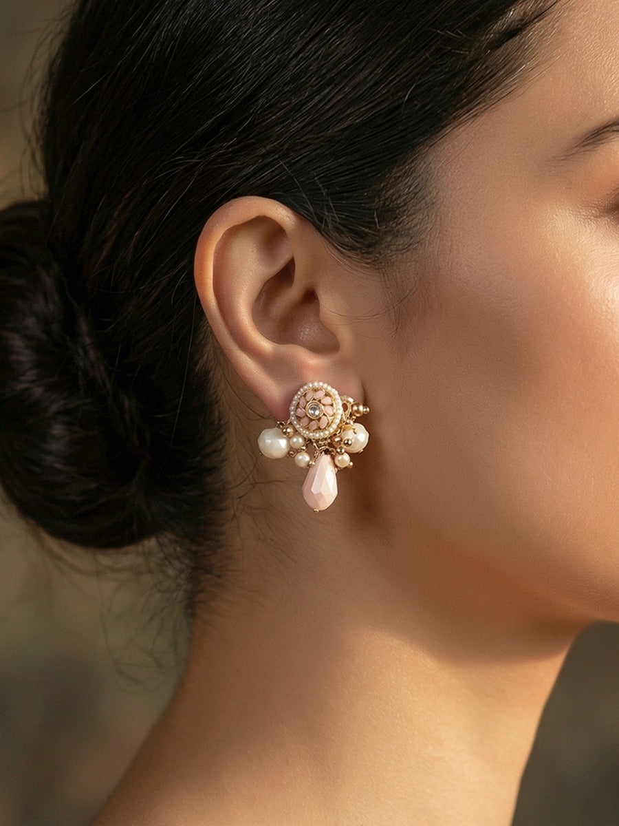 Kumudleena - Water Bloom - Delicate Earrings With Floral Medallion And Blush Drop Accents