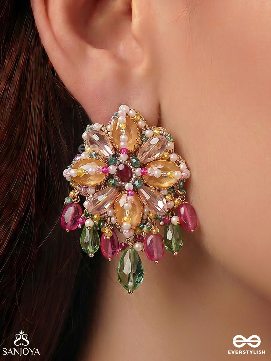 Rangmallika - Garland Of Colours - Statement Earrings With Floral Gem Cluster And Dangling Crystal Drops