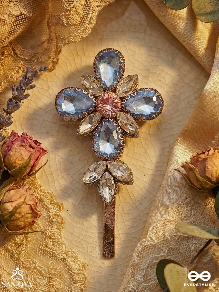 Neelkusumi - Blue Bloom - Statement Hair Clip With Faceted Stone Petals And Floral Design