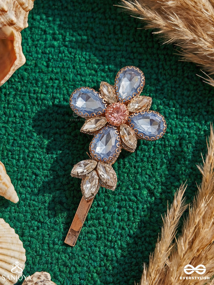 Neelkusumi - Blue Bloom - Statement Hair Clip With Faceted Stone Petals And Floral Design
