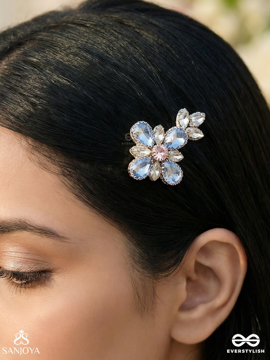 Neelkusumi - Blue Bloom - Statement Hair Clip With Faceted Stone Petals And Floral Design