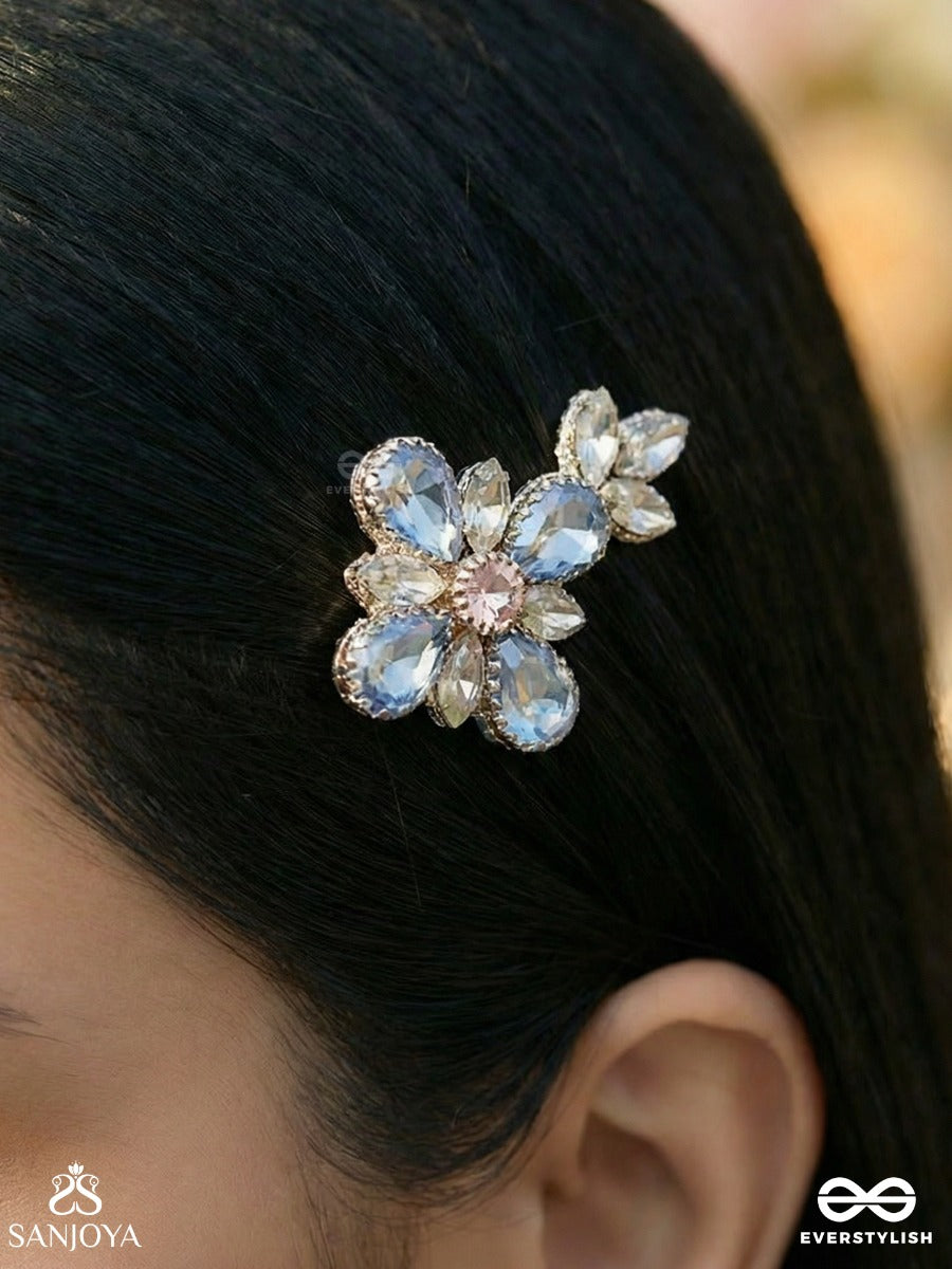 Neelkusumi - Blue Bloom - Statement Hair Clip With Faceted Stone Petals And Floral Design