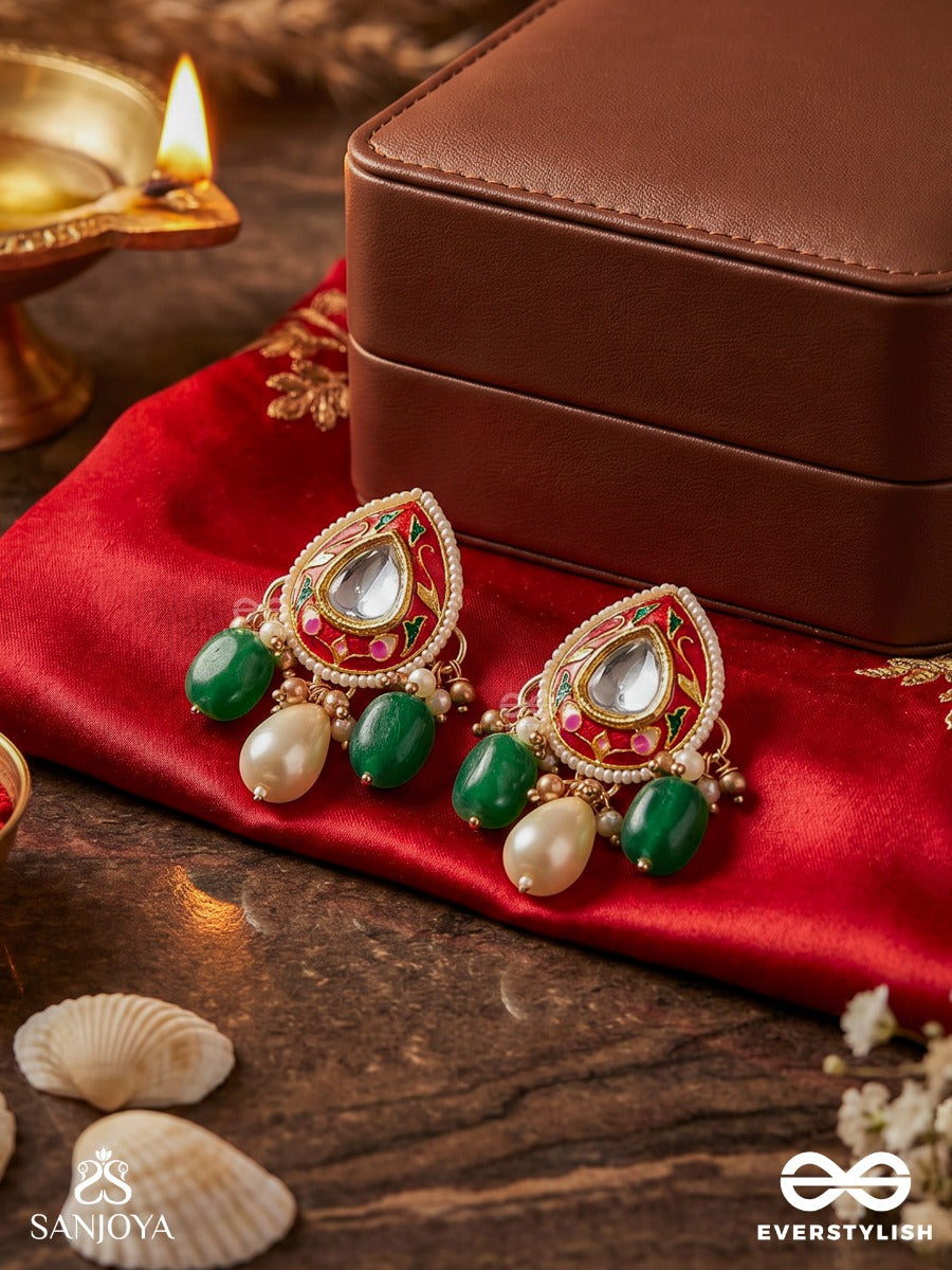 Rangshringara - Ornament Of Colours - Statement Earrings With Enamelled Teardrop Panel, Green Stone Drops And Pearl Accents