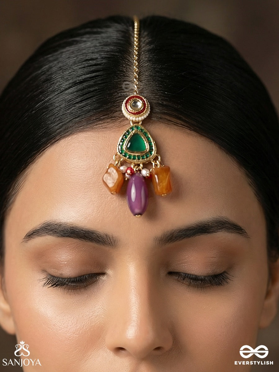Haritkamini - Verdant Beauty - Ornamental Maangtika With Gemmed Centre And Multi-Stone Danglers