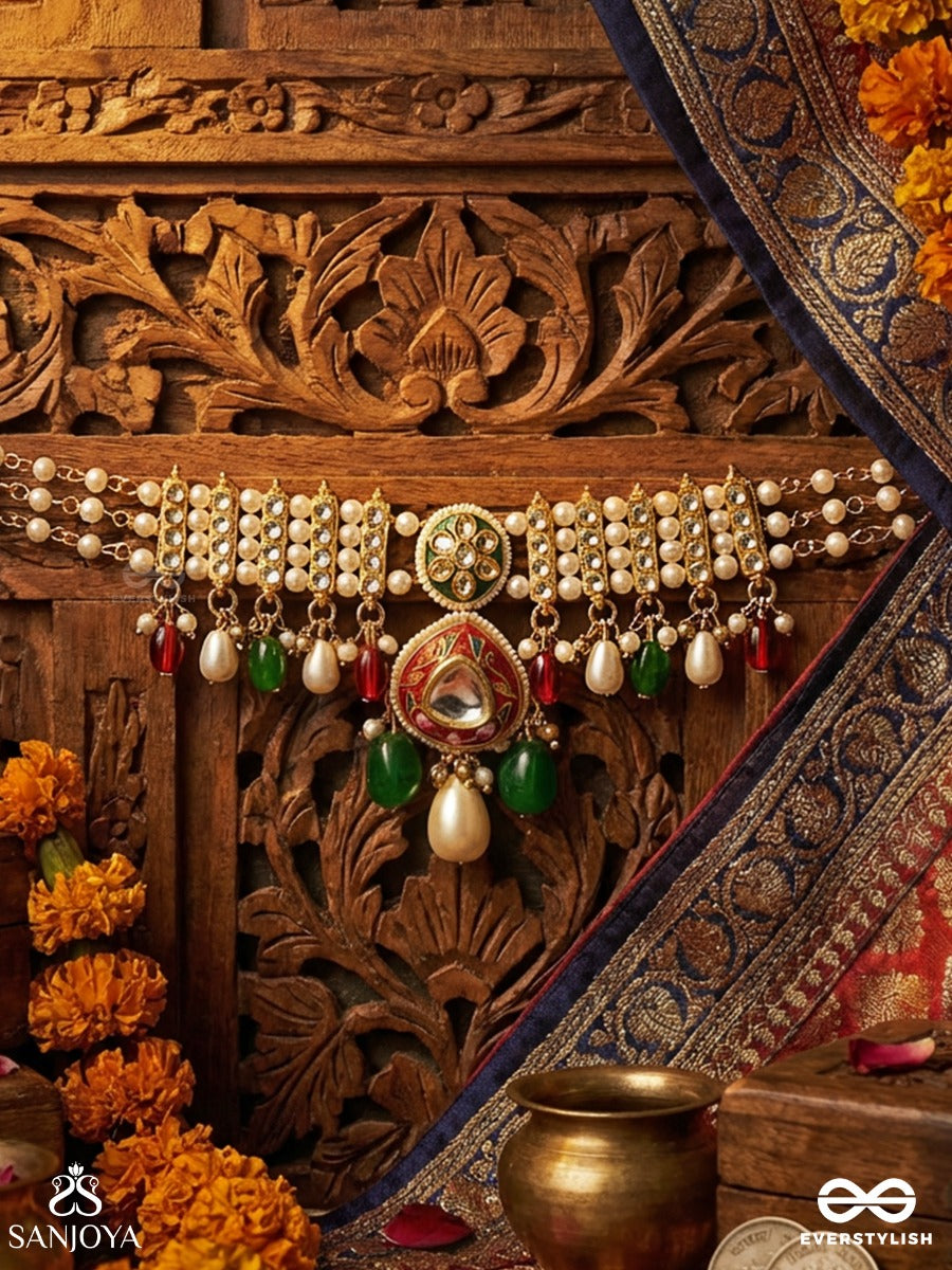 Rangshringara - Ornament Of Colours - Festive Necklace With Layered Pearl Strands, Enamelled Pendant And Multi-Gem Drop Accents