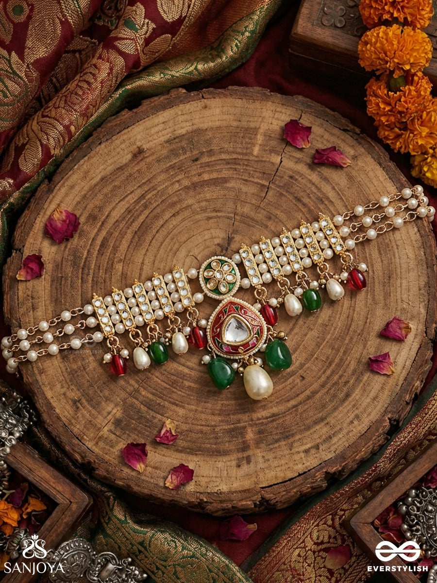 Rangshringara - Ornament Of Colours - Festive Necklace With Layered Pearl Strands, Enamelled Pendant And Multi-Gem Drop Accents