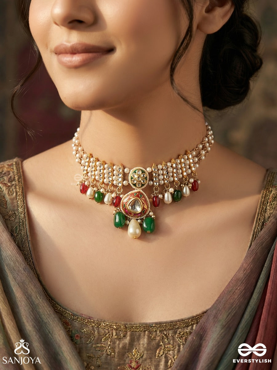 Rangshringara - Ornament Of Colours - Festive Necklace With Layered Pearl Strands, Enamelled Pendant And Multi-Gem Drop Accents