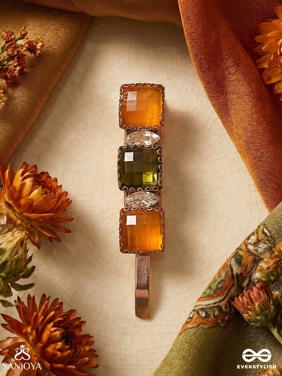 Trirangika - Three Hues - Statement Hair Clip With Stacked Gem Blocks And Golden Frame