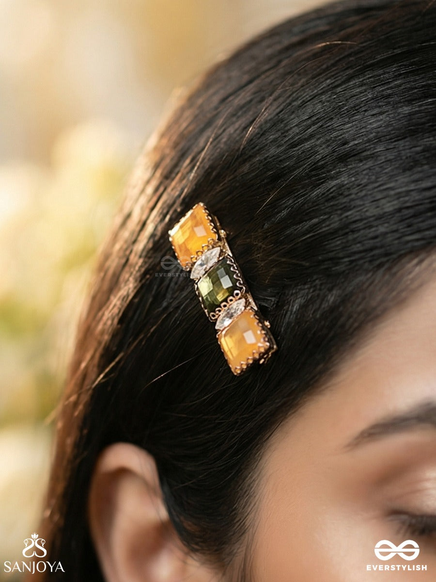 Trirangika - Three Hues - Statement Hair Clip With Stacked Gem Blocks And Golden Frame