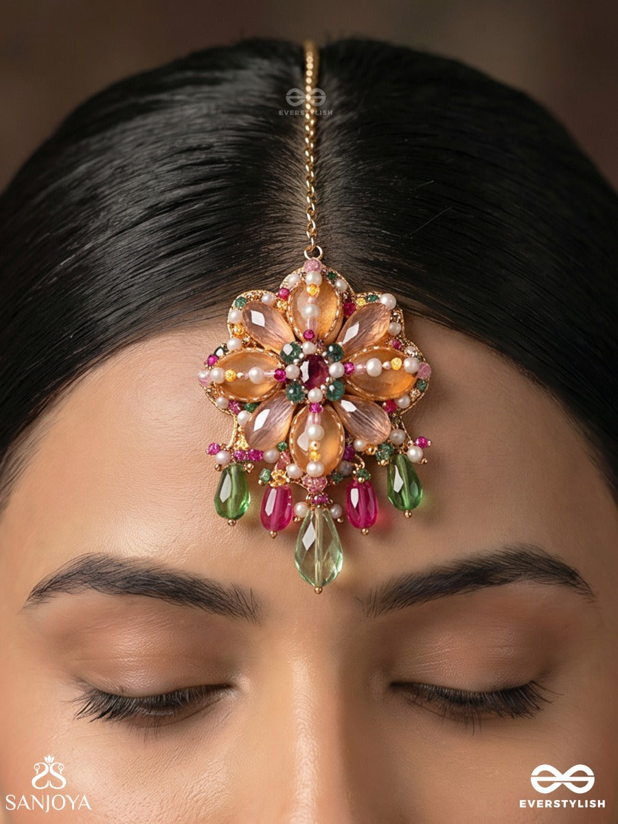 Rangmallika - Garland Of Colours - Ornate Maangtika With Bloom Medallion And Colourful Drop Accents