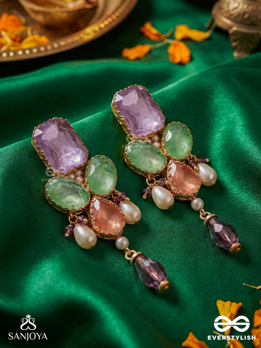 Varnamrita - Nectar Of Colours - Statement Earrings With Gem Cluster And Crystal Drop Detail