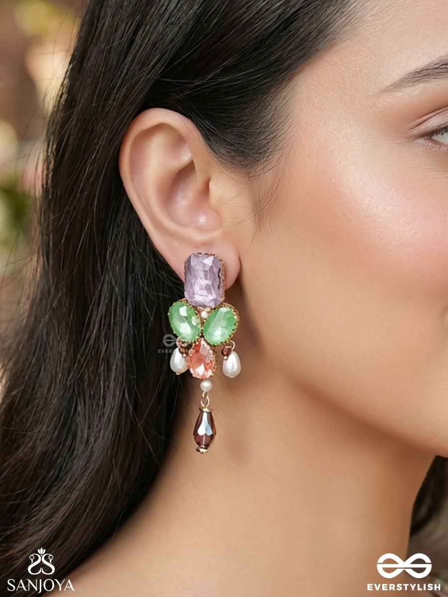 Varnamrita - Nectar Of Colours - Statement Earrings With Gem Cluster And Crystal Drop Detail