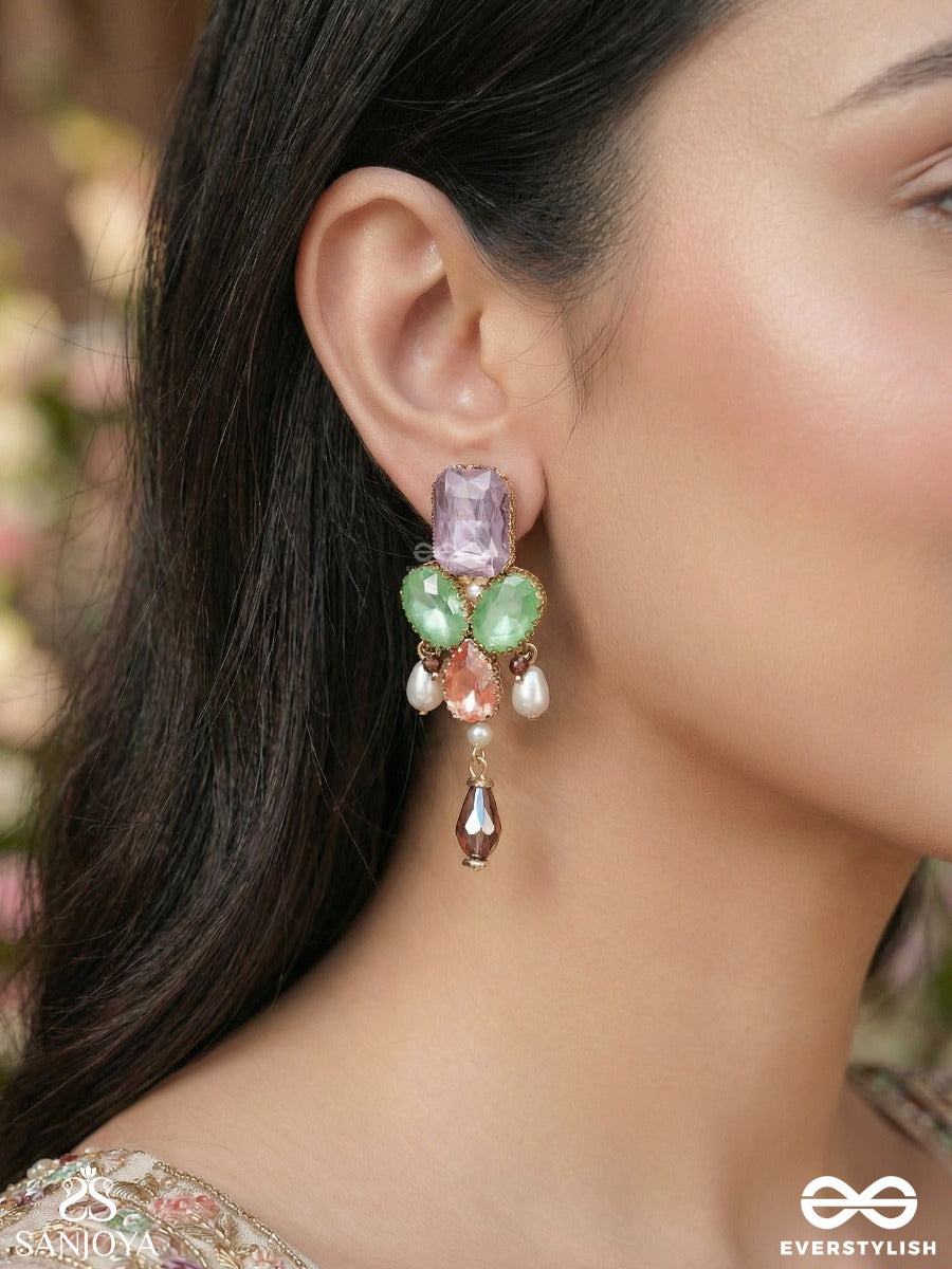 Varnamrita - Nectar Of Colours - Statement Earrings With Gem Cluster And Crystal Drop Detail