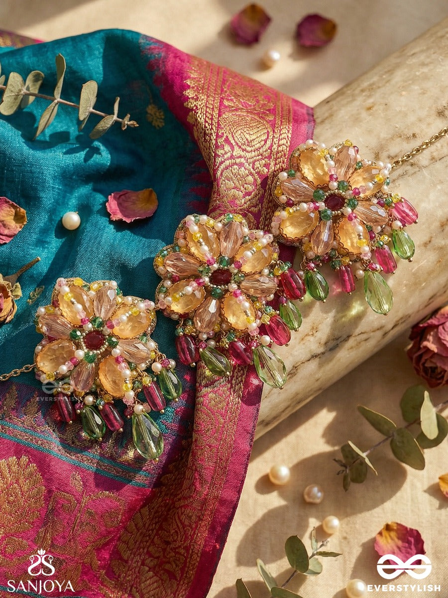 Rangmallika - Garland Of Colours - Festive Necklace With Repeating Floral Clusters And Gem Fringe