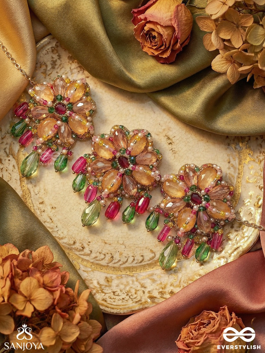Rangmallika - Garland Of Colours - Festive Necklace With Repeating Floral Clusters And Gem Fringe