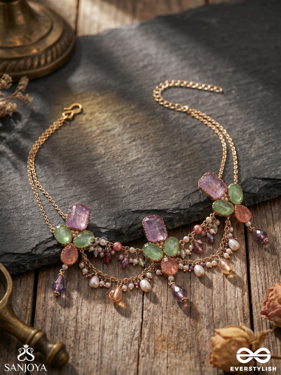 Varnamrita - Nectar Of Colours - Ornate Necklace With Multi-Stone Clusters And Flowing Drop Chains