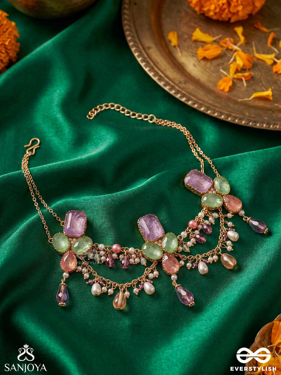 Varnamrita - Nectar Of Colours - Ornate Necklace With Multi-Stone Clusters And Flowing Drop Chains