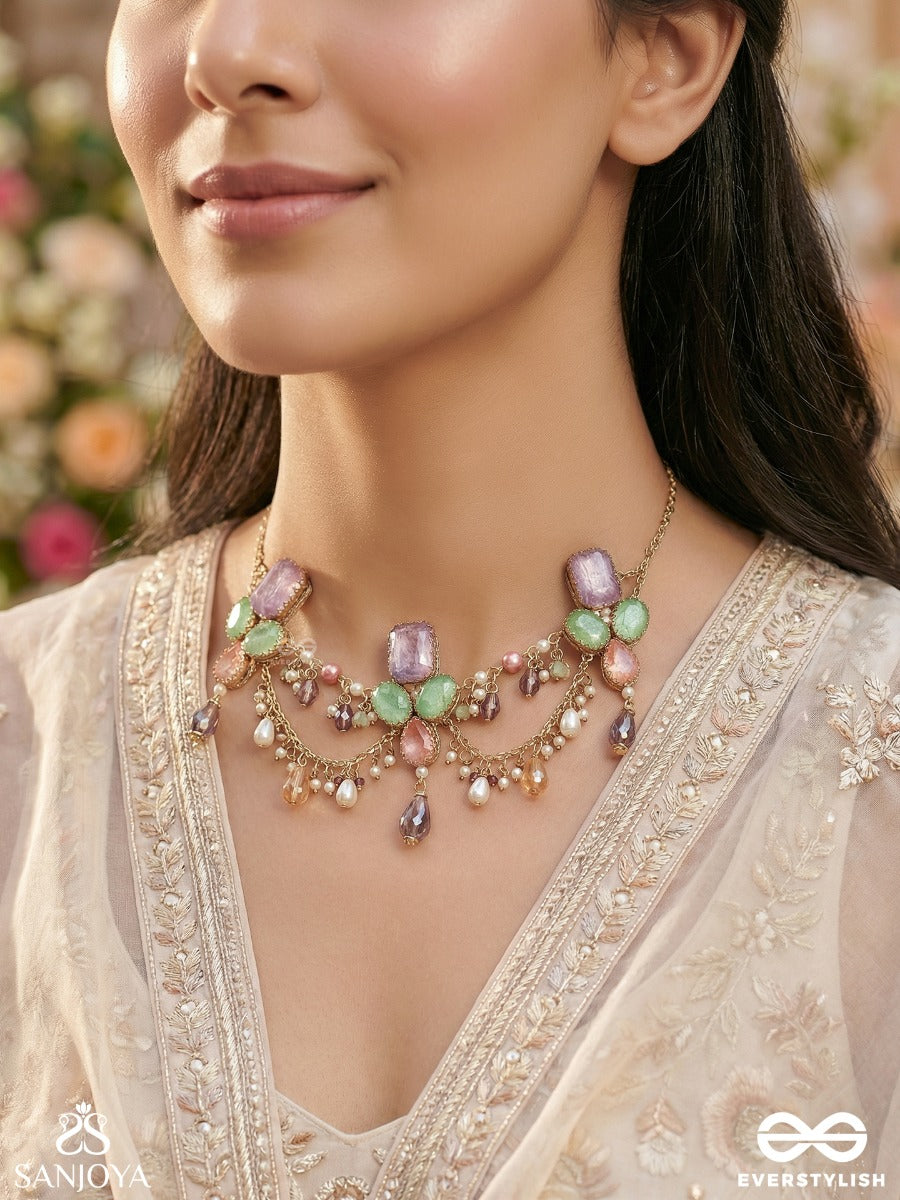 Varnamrita - Nectar Of Colours - Ornate Necklace With Multi-Stone Clusters And Flowing Drop Chains