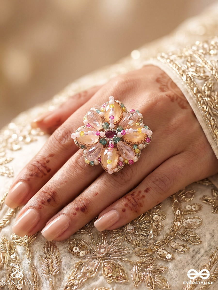 Rangmallika - Garland Of Colours - Statement Ring With Multi-Petal Gem Cluster And Colourful Accents